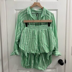 Aerie Green & White Striped Button-Down Shirt and Shorts Set